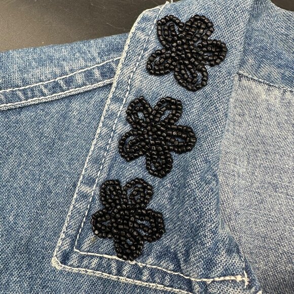Vintage Blue Denim Vest Black Beaded Floral 90s Leena New York Small Mom Style - Picture 4 of 7